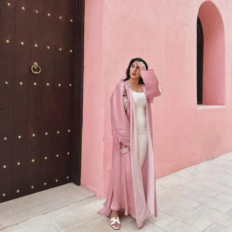 2025 Ramadan Satin muslimischen bescheidenen Kleid arabische Frauen öffnen Abaya Dubai islamische Langarm Cardigan Kleidung Truthahn schlichte Robe