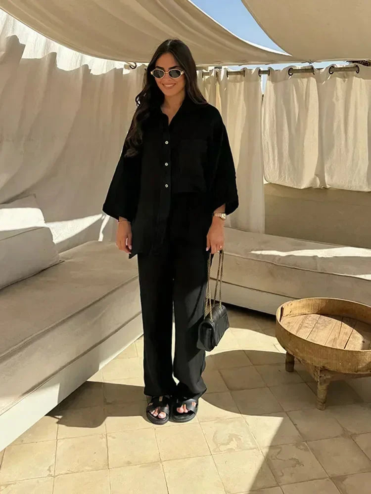 Women Vintage Solid Loose Pants Suit Lapel Single Breasted Long Sleeve Shirt Wide Leg Pants 2 Pcs Set 2025 New Ladies Streetwear.