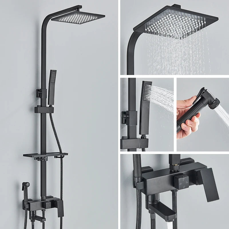 Black Chrome 3/4-way Shower Faucet Rainfall Shower Hot Cold Water Mixer Bidet Faucet Commodity Shelf For Bathroom Shower Mixer