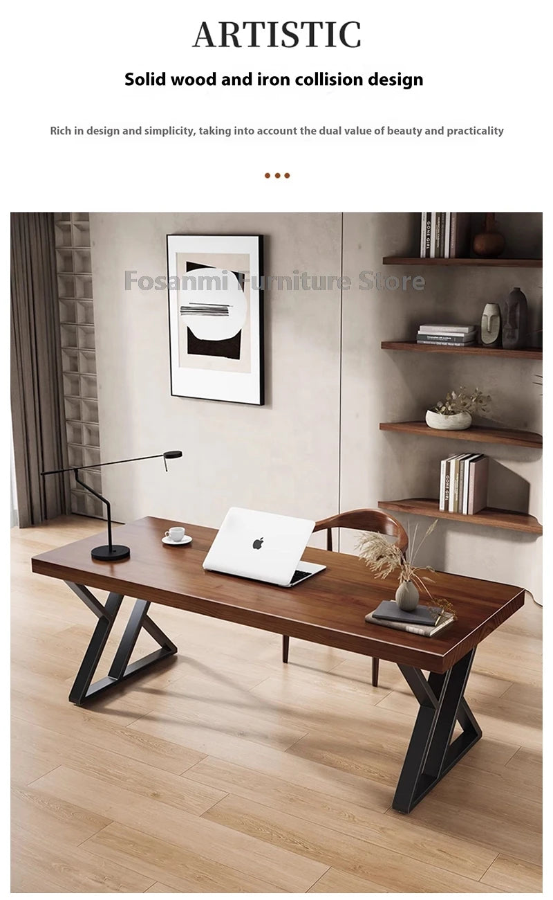 Minimalistischer langer Massivholztisch für das Heimbüro, große Arbeit, Gaming, Arbeitszimmer, Schreibtische für zwei elegante Räume, Computertisch mit Stahlbeinen