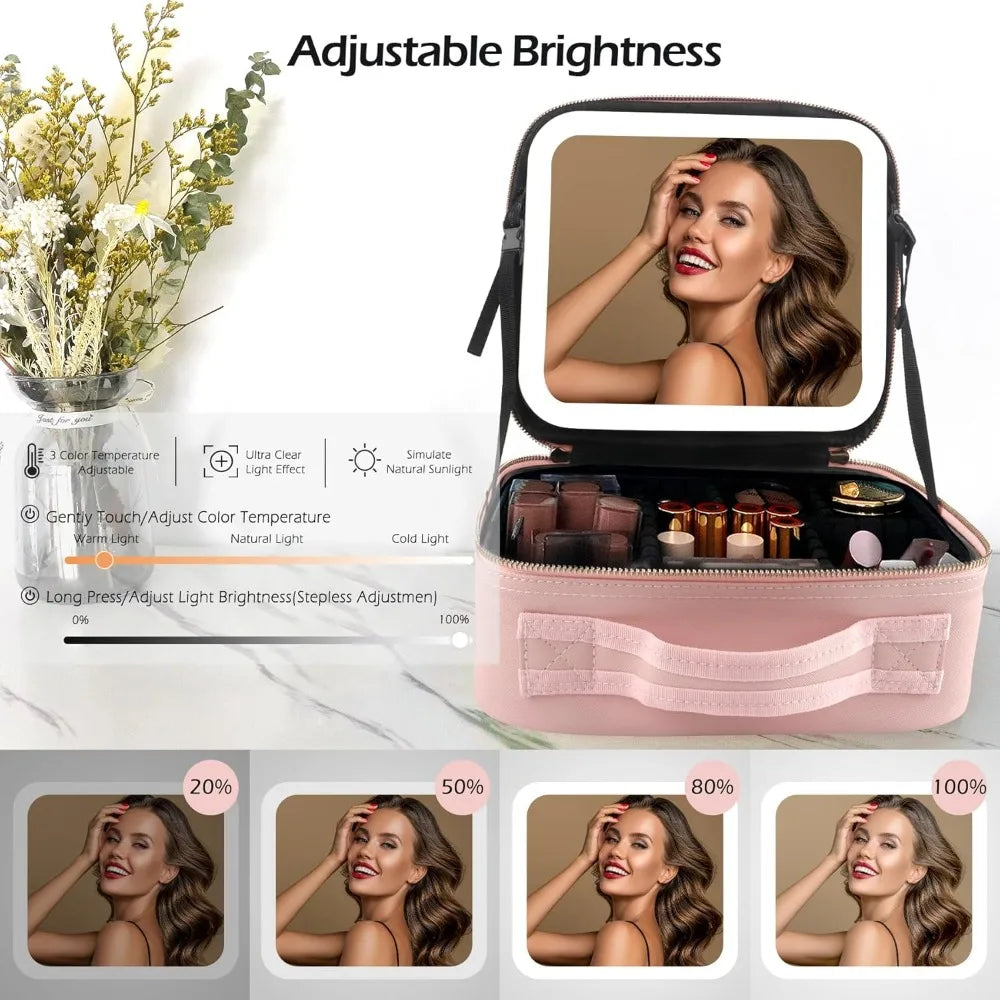 Makeup Bag with LED Mirror Travel Large Train Case Cosmetic Organizer Make Up Bags with 3 Color Lights and Adjustable Dividers.