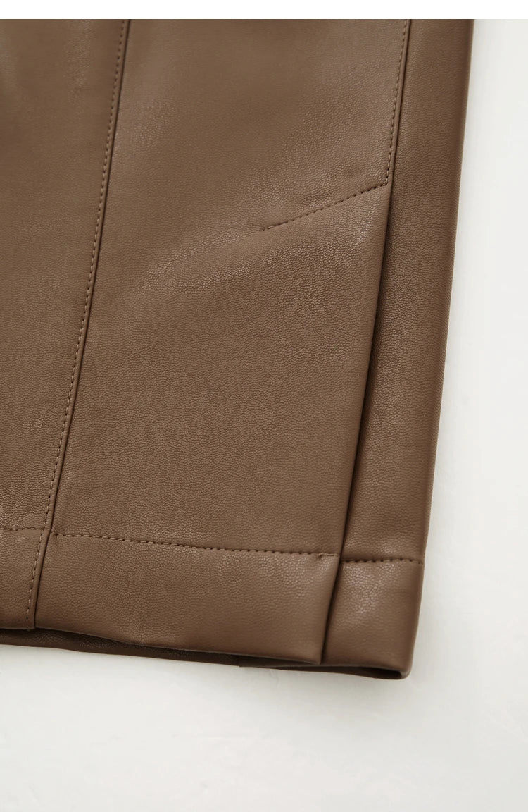 AMII Minimalist Casual Pants for Women 2025 Autumn Clothing PU Leather Loose Straight Pants Slit Office Lady Trousers 12343250