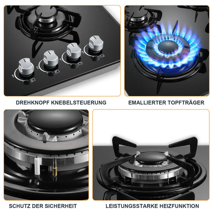 60cm Built-in Gas Hob 4 Burner | Auto Thermocouple & Safety Lock | 4-Zone Tempered Glass 8060W with Auto Ignition.