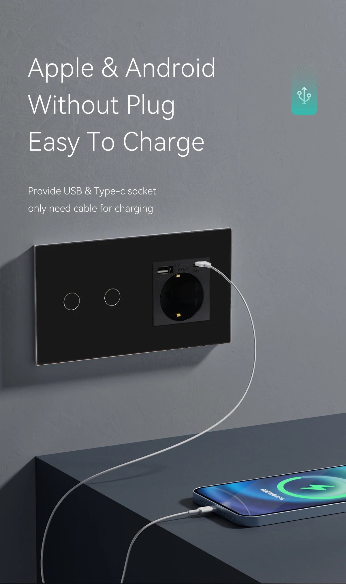 BSEED Einzel-EU-Glassteckdose mit USB-Wandsteckdosen, doppelte Steckdosen, dreifache Steckdosen, USB-Typ-C-Anschlüsse, Schwarz, 16 A.