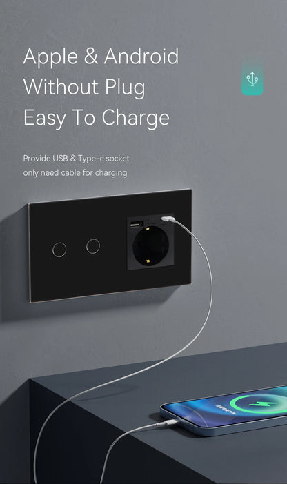 BSEED 1/2/3Gang Touch-Schalter 1-Wege-Lichtschalter mit EU-Steckdosen USB Typ-C-Steckdosen Glasscheibe Schwarz.