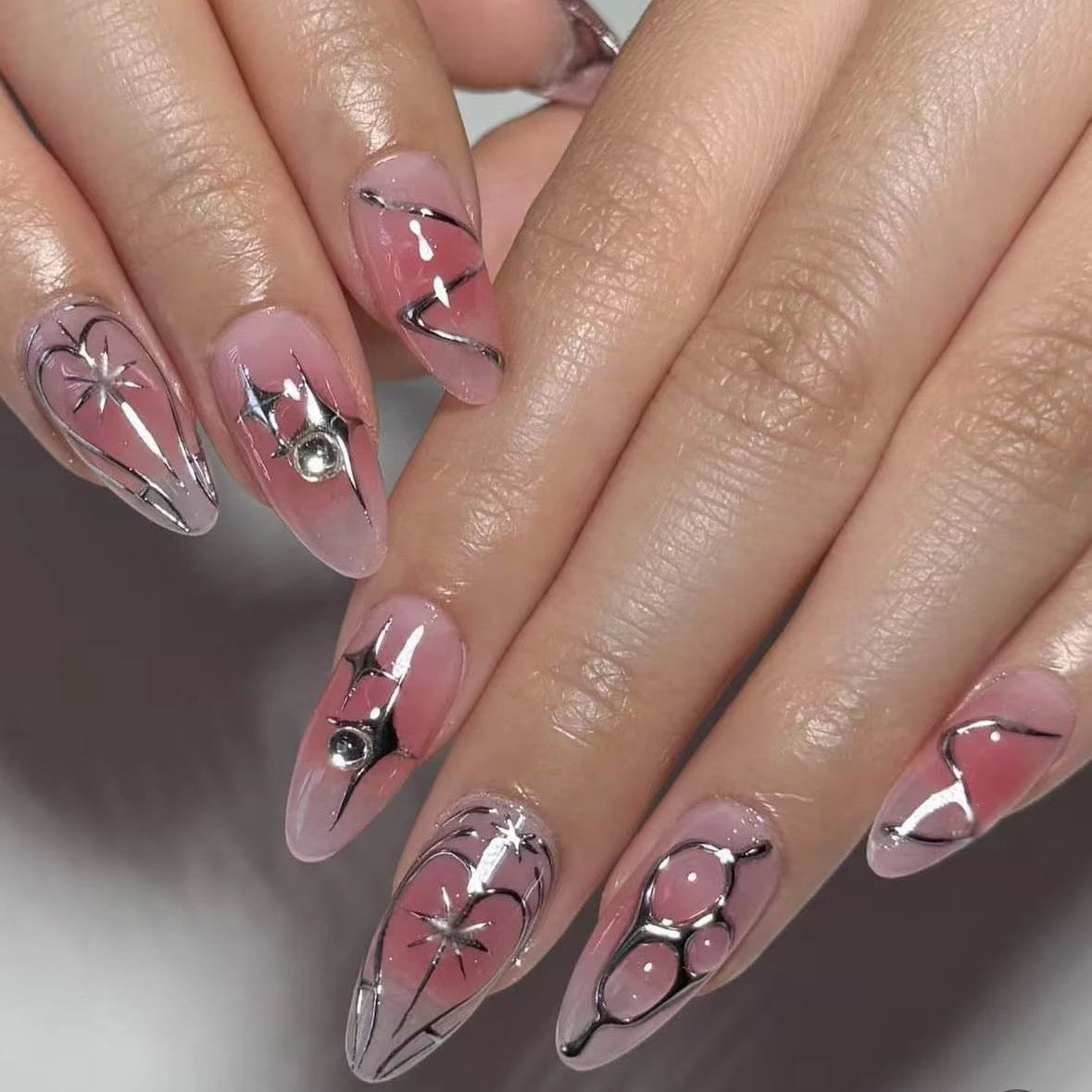 24Pcs False Nails Spicy Girl Silver Bow with Diamond Fake Nails with Glue Almond Press on Nails Black Cool Y2k Almond Nail Set