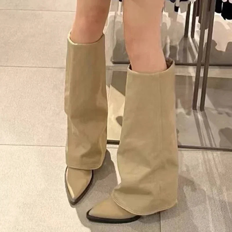 Knee High Heels Women Boots Leather Chunky Fashion Shoes Pointed Toe Snow Long Boots New Designer Pumps Punk Chelsea Botas Mujer.