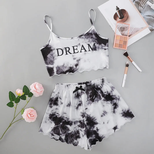 Y2K Tie Dye Dream Grafik-Pyjama-Set für Damen, Cami-Crop-Top und Shorts, zweiteilige Nachtwäsche, Loungewear, sexy Salatbesatz, neu und heiß