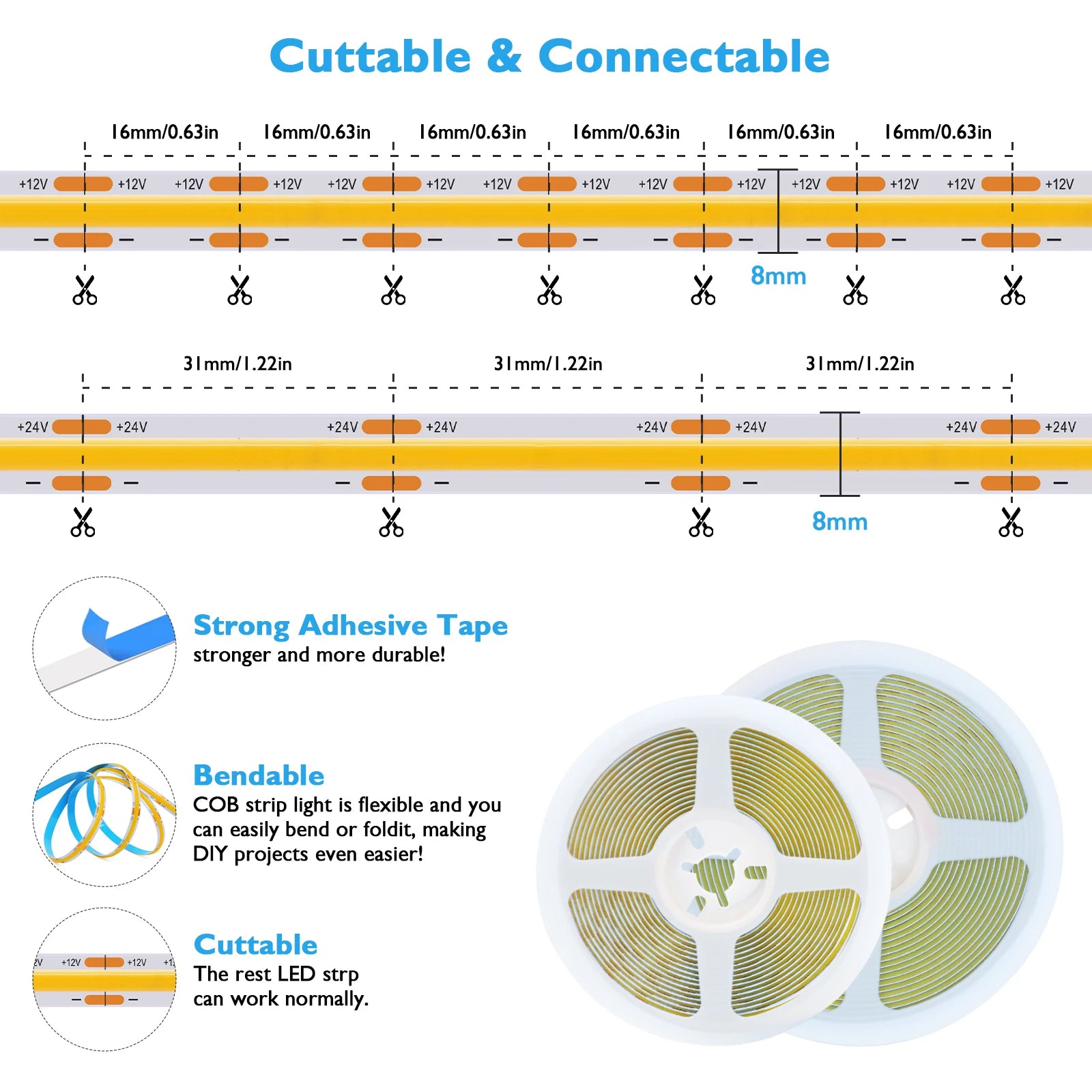 DC12 24V COB LED Strip Light 528Leds/m Flexible Tape Ribbon High Density Linear Lighting 3000-6500K RA90 Led Lights Room Decor.