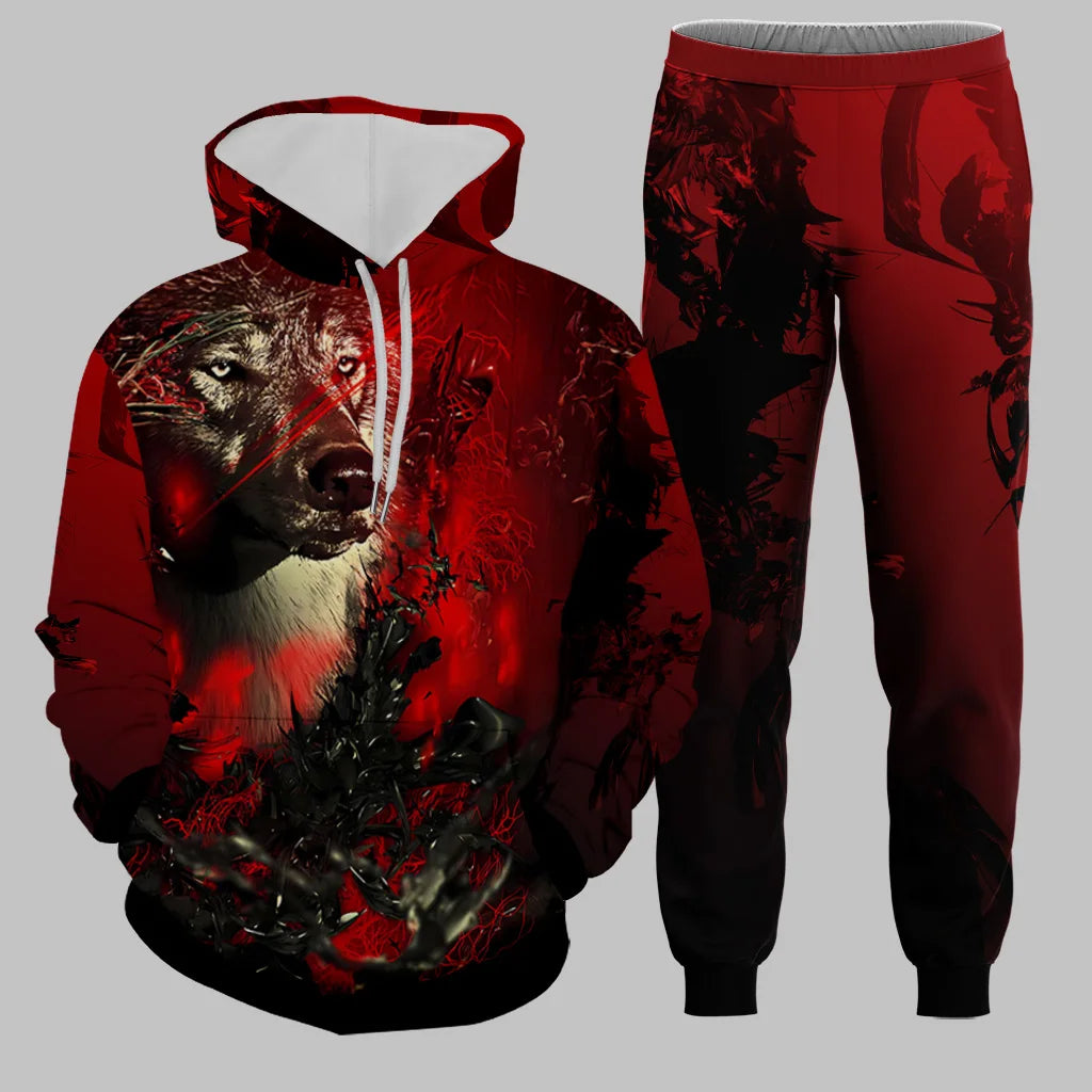 Men's Hoodie Set Funny 3D Wolf Print Hoodies Pants Sports Suit Autumn Winter Casual Sweatshirts 2 Piece Outfit Fashion Tracksuit.