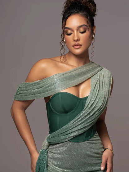 Sexy eine Schulter drapiert Glitzer langes Kleid Frauen braun Korsett funkelnd rücken frei figur betonte Maxi kleider Abend party Kleider.