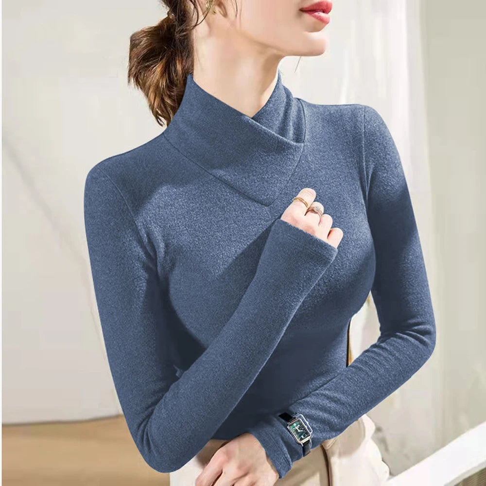 Pullover mit hohem Kragen, Damen-T-Shirt, modischer Pullover, elastisches Oberteil, S-3XL, schwarzer Strickpullover, langärmelige Unterlage für die ganze Saison