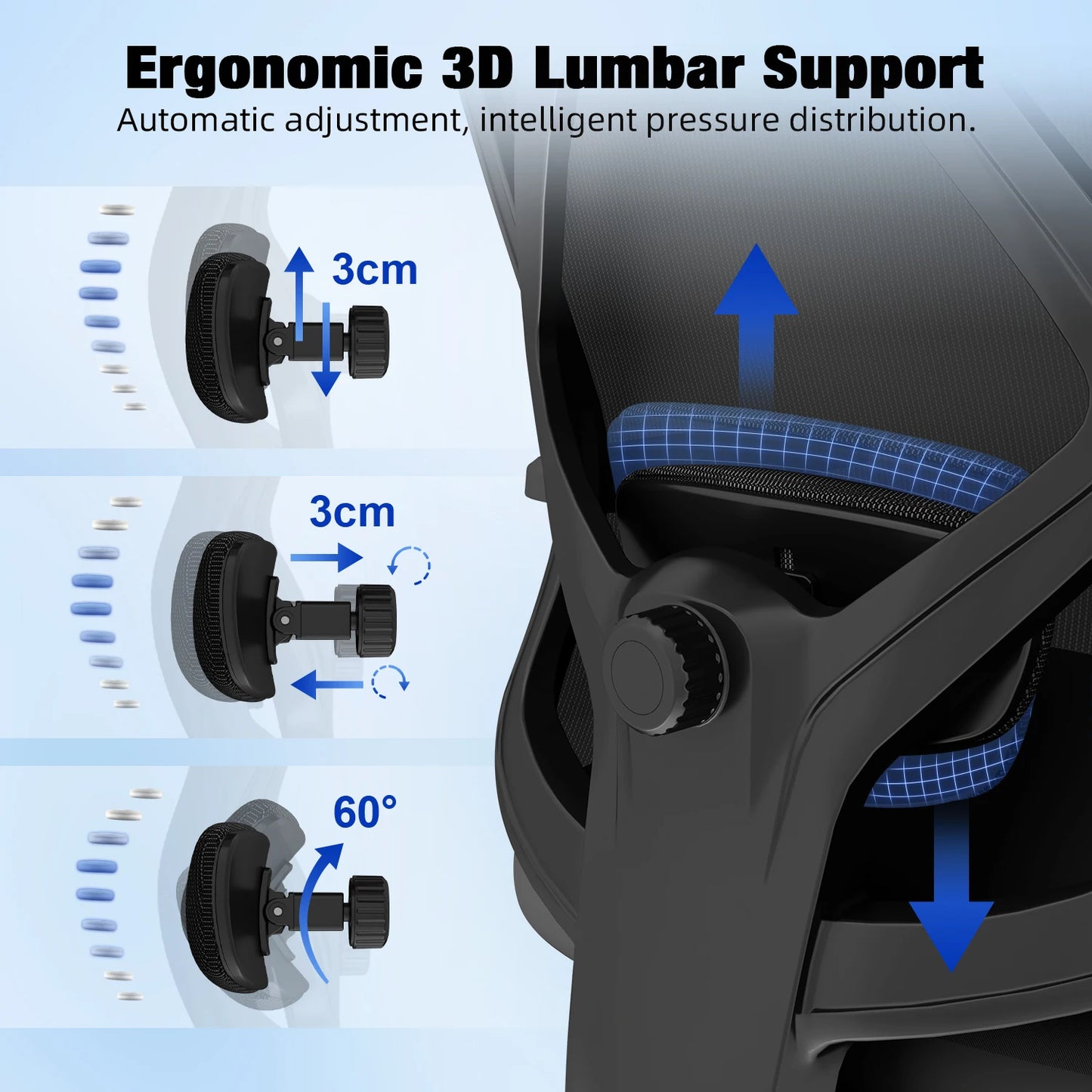 AUTHMIC Ergonomischer Bürostuhl, 3D-Lendenwirbelstütze, verstellbare Kopfstütze und Armlehnen, verstellbarer Schreibtischstuhl, 155 kg Tragkraft