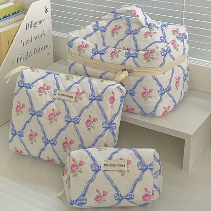 Cute Bow Flower Quilting Makeup Bag Women Zipper Cosmetic Organizer Female Cloth Handbag Portable Toiletry Case For Girls