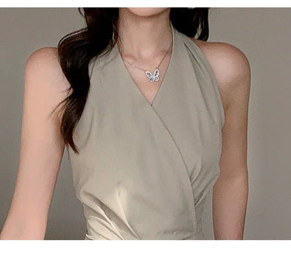 2025 Women Summer Clothes Sexy Halter Backless Folds Jumpsuits Female Wide Leg Loose Rompers Ladies Solid Long Jumpsuit C260.