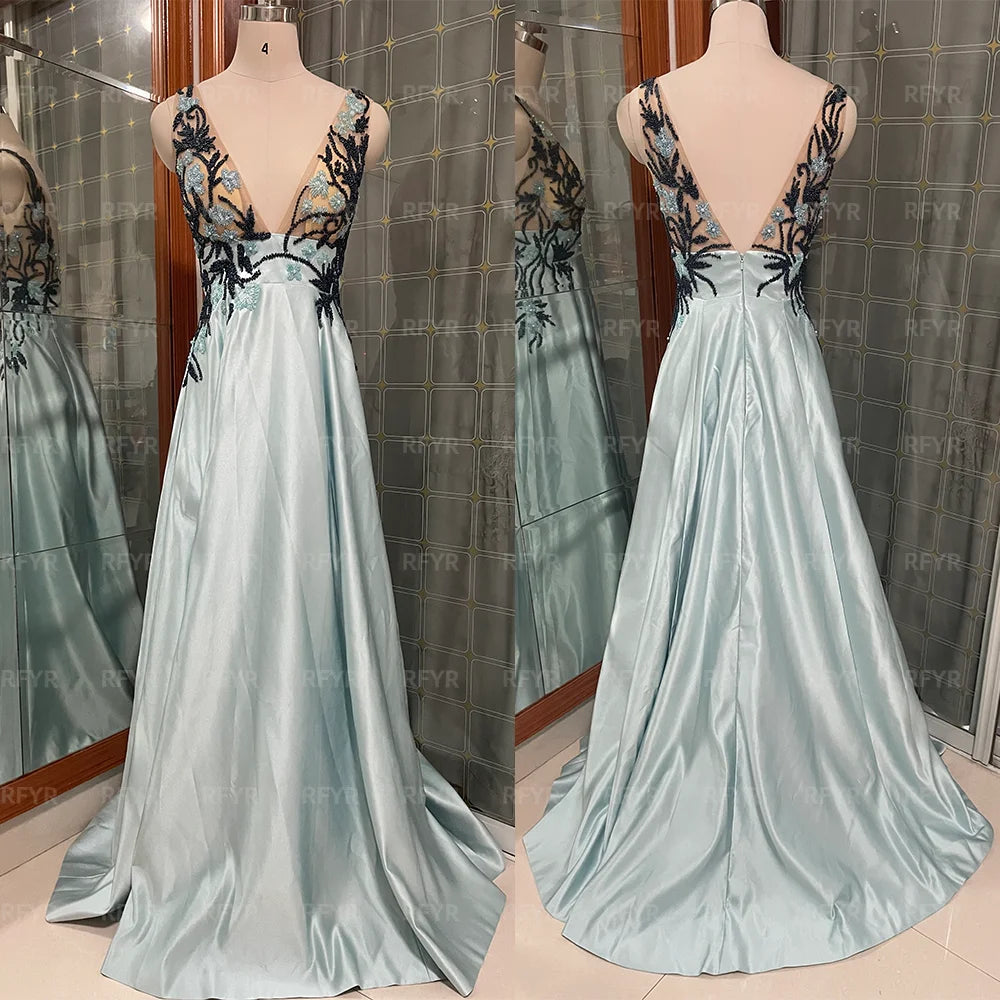 RFYR Spaghettiträger Blaue formelle Kleider Tiefer V-Ausschnitt Partykleid für Hochzeit Applikationen Spitze Kleider für besondere Anlässe Maßgeschneidert.