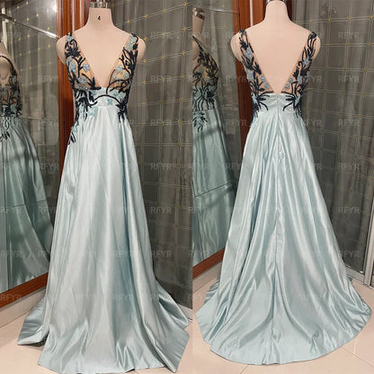 RFYR Spaghettiträger Blaue formelle Kleider Tiefer V-Ausschnitt Partykleid für Hochzeit Applikationen Spitze Kleider für besondere Anlässe Maßgeschneidert.
