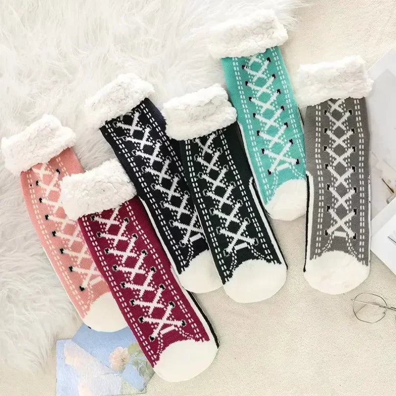 Fuzzy Fluffy Sock Women Winter Christmas Gift Warm Plush Non slip Home Sleeping Soft Female Floor Thermal Slipper Sock Snowflake.