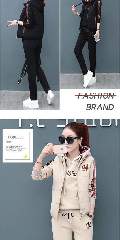 Women's Fashion Plush Thickened Sweat Suit 2025 Autumn Winter New Casual Hooded Tops Waistcoat Pants 3 Three Piece Set For Women.
