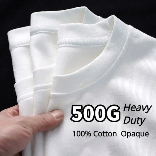 Black White GSM 500g Heavy-duty Pure Cotton T-shirt Thickened Threaded Round Neck Short Sleeves Three Needle Half Sleeve Tees.