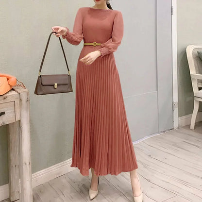 ZANZEA Elegantes Damen-Plisseekleid, edel, gesmokte Bündchen, langärmelig, O-Ausschnitt, Fit und Flare, lang, Vestidos, Pendeln, solide Party-Roben