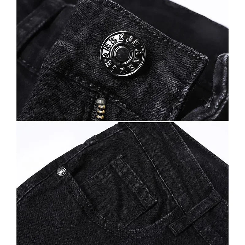 Men Business Denim Pants Male Classic Casual Straight Leg Slim Fit Trousers Elastic Solid Smoke Gray Pants.