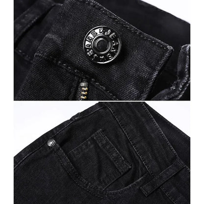 Men Business Denim Pants Male Classic Casual Straight Leg Slim Fit Trousers Elastic Solid Smoke Gray Pants.