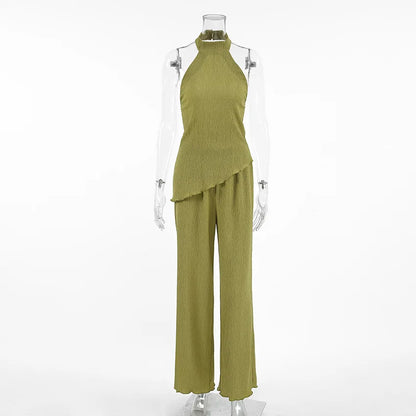 Tuularose Hanging Green Pants Set Sleeveless Backless Personality Temperament Commuter Two-piece Set Summer New Women Pants Set.