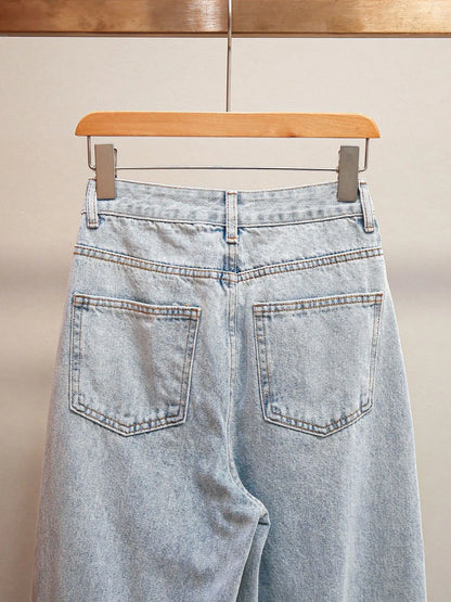 ANJY Autumn Winter Women Fashion Casual Versatile Washed Tide Diamonds Straight Jeans Trend Design Sense High Waist Pants A10636