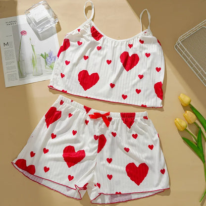 Damen-Pyjama-Set mit Herz-Print, süßes sexy Straps-Top, Shorts, lässiges Heim-Nachtwäsche-Set, bequeme Baumwoll-Loungewear