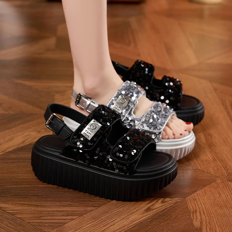 AUTUSPIN 6cm Women Flat Sandals Fashion Platform Ladies Shoes Bling Bling Sequined Cloth Female High Heels Chunky Rome Sandalias.