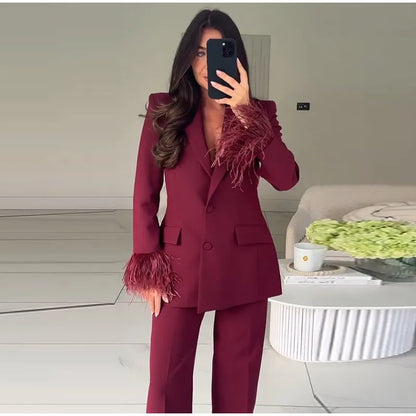 Straße frauen Feder Anzug Blazer Hosen Set Revers Schulter Pads Volle Hülse Jacken Taschen Gerade Hose 2025, Herbst dame Anzug