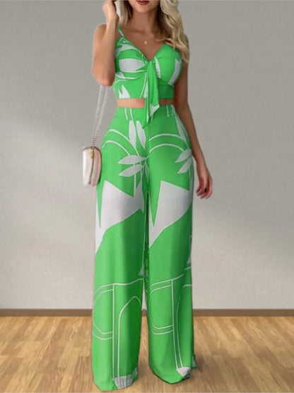 Elegant Two Piece Outfits For Women 2025 Sexy V-Neck Strap Backless Lace-up Slim Crop Top & Wide Leg Pants Sets Summer Lady Suit.