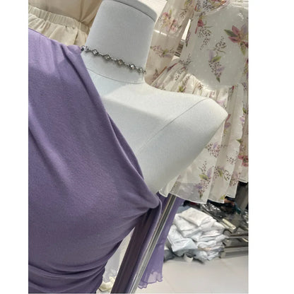 French Style Long Sleeve Slim Fit T-Shirt Women Early Autumn Design Sexy Short Length Beautiful Top Shoulder Bared Side Collar.