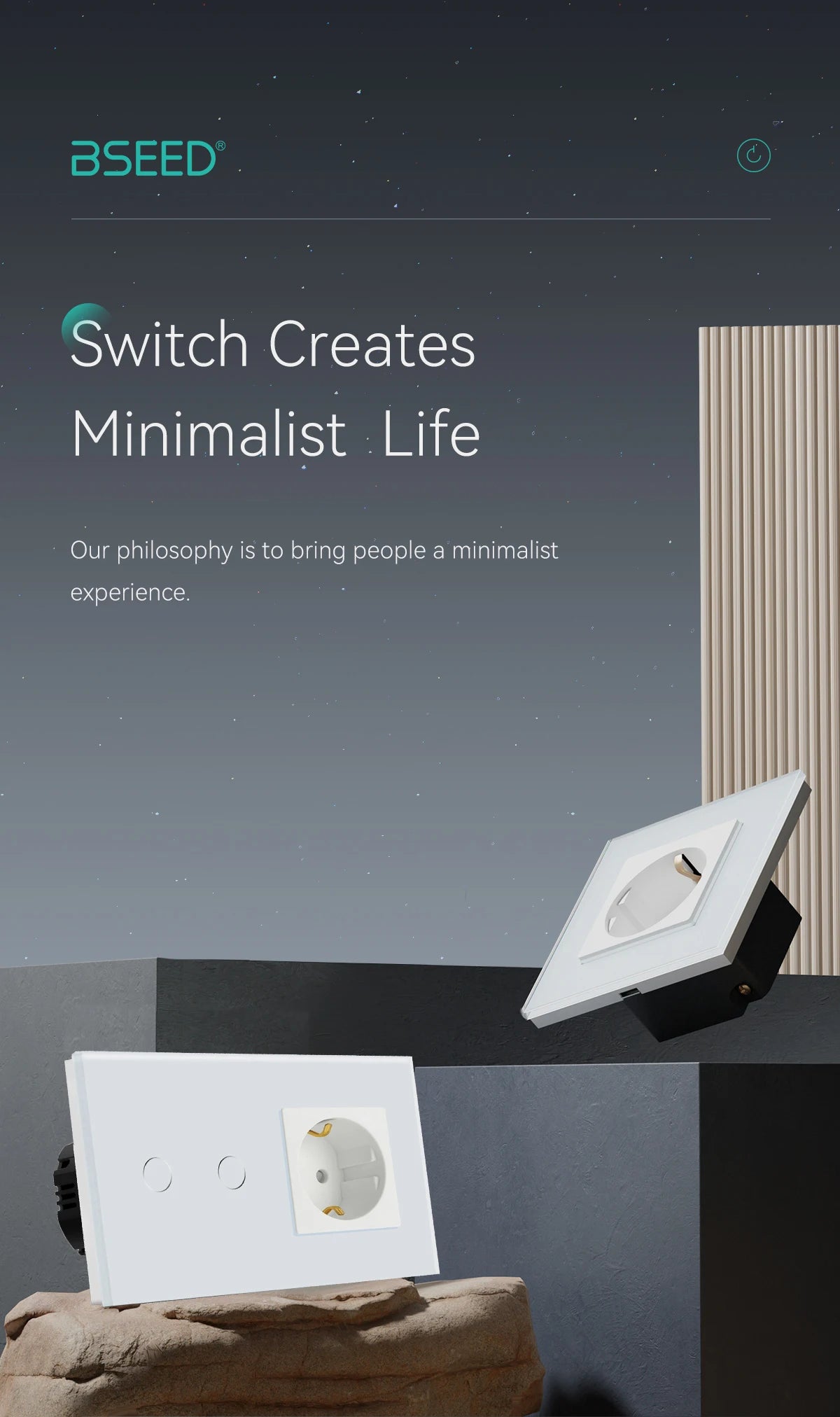 BSEED Touch-Lichtschalter mit EU-Stromsteckdosen, weiße Wand-LED-Schalter, 1/2/3 Gang, 1-Wege-Kristallglas-Panel, dunkle Hintergrundbeleuchtung.