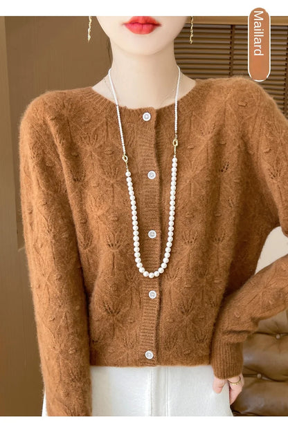 2024 Autumn And Winter New Round Neck Hollowed Out 100 Wool Knitted Cardigan Women's Versatile Coat Loose Casual Sweater DMR281.