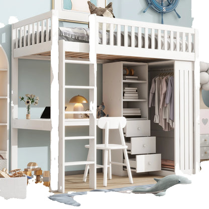 Merax Hochbett 90x200 cm Schreibtisch Kleiderschrank 3 Schubladen offener Stauraum Geländer Treppe ohne Matratze Weiß