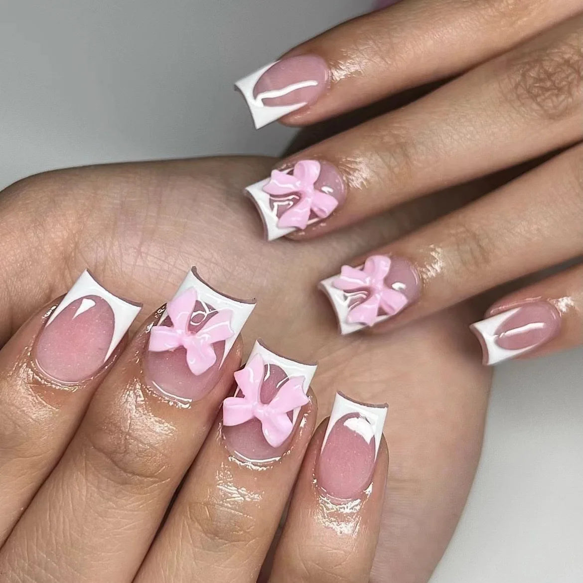 24Pcs Ballet Square Pink Press on Bow Nails 3D Flower with Bandage Design French Nail Tips for Women&Girls Daily,Spring wear