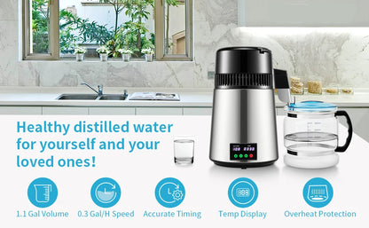 SucceBuy 4L Water Distiller Purifier Filter 1 L/H Distilling Speed Dispenser Drinking Bottle Softener Touch Screen Home Use.