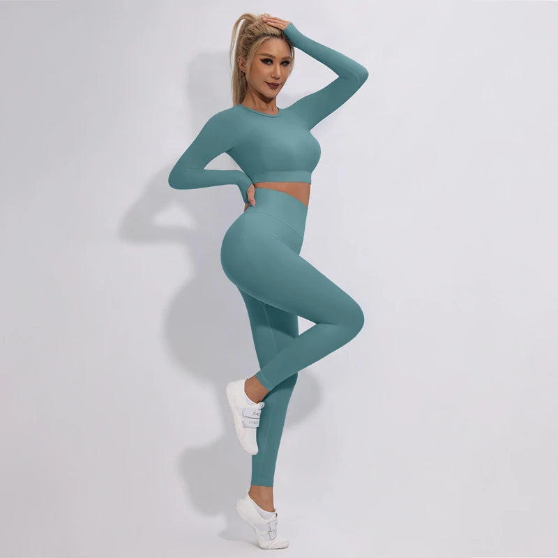 2/3/4Pcs Women's Tracksuit Seamless Yoga Set Leggings Sports Suit for Fitness Long Sleeve Top Gym Clothing Workout Sportswear