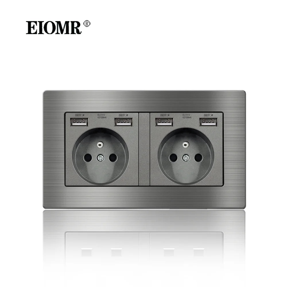 EIOMR Frankreich Standard-Steckdose, graue Aluminiumlegierung, Lichtschalter, RJ45, Fernseher, 220 V, 16 A, Wandsteckdosen für Haushaltsgeräte