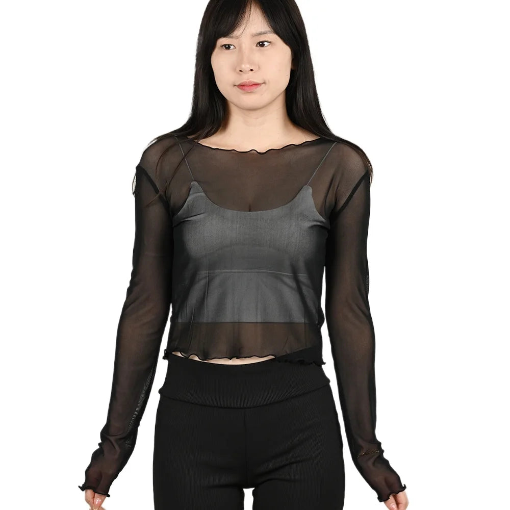 Summer Women Sunscreen T-shirt Girls Sexy Black Mesh Long-sleeved Tops Famale Ice Silk Transparent Sheer Bottom Blouses Shirts.