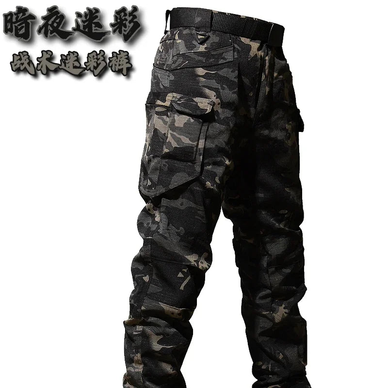Autumn Tactical Sets Men Outdoor Breathable Short Sleeve Tshirt+Waterproof Straight Pant 2 Pcs Suits Camo Multi-pocket Cargo Set.