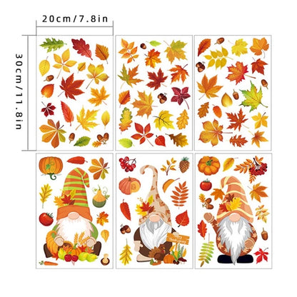 6 Sheets Autumn Thanksgiving Gnomes Window Clings Decal Fall Pumpkin Maple Leaf Electrostatic Stickers Wall Decor X3UC.