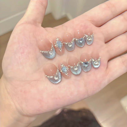 10Pcs White French Pink Heart Diamond Manicure Art Gentle Sweet Short Oval Artificial Wearing Nails Patch Full Cover Press Ons.