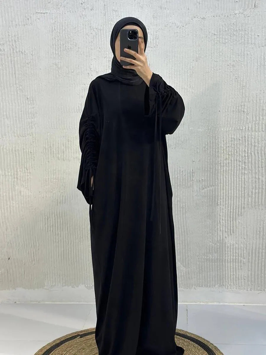 Muslim Women Arabic Dubai Abaya Drawstring sleeves Long Dress Modest Ramadan Kaftan Robe Femme musulmane Islam Clothing Kebaya.
