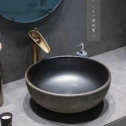 Jingdezhen Keramikgefäßwaschbecken – handgefertigtes rustikales Schwarz- und Sandkunstwaschbecken mit Spritzschutz-Design für den Badezimmer-Waschtisch individuell anpassbar