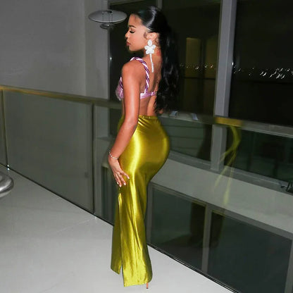 2025 Autumn Stain Long Solid Color Skirt Women Elegant High Waist Side Split Maxi Skirts Party Sexy Clothes for Female.