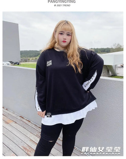 Frühling Herbst Neue Koreanische Mode Zwei Gefälschte Stücke Plus Größe Sweatshirt Frauen Brief Patchwork Casual Dame Tops Übergroße Kleidung.