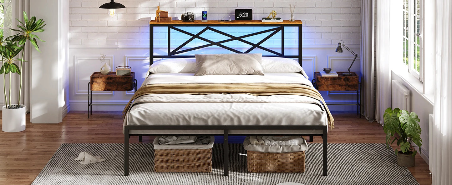 120 x 200 LED-beleuchteter Metallbettrahmen mit Steckdose und USB-Ladefunktion, Holzkopfteil, Stauraumbett B